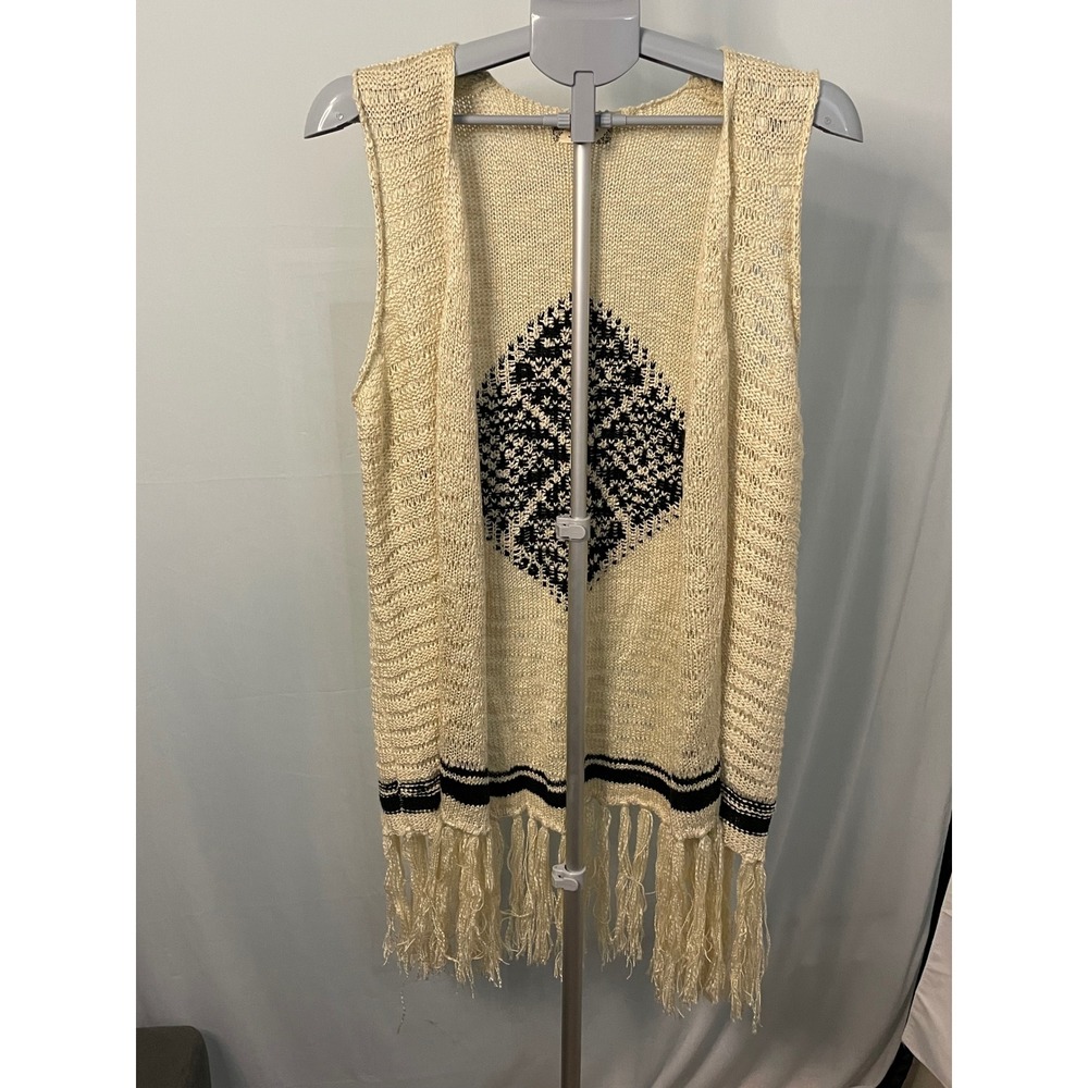 Janice Womens One Size Sleeveless Knit Vest Fringe Cream Black Boho‎ Chic